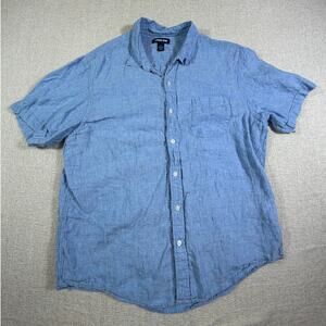 Lands End Men L Blue 100% Linen Short Sleeve Button Front Traditional Fit Shirt